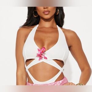 Fashion Nova White Mesh Bodysuit with Pink Floral Accent